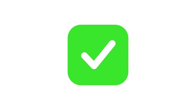 Animated green tick check mark in a rounded square on white