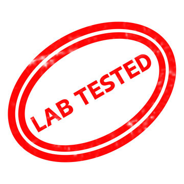 Lab tested red rubber stamp icon, certified quality control seal, laboratory testing validation mark on white background
