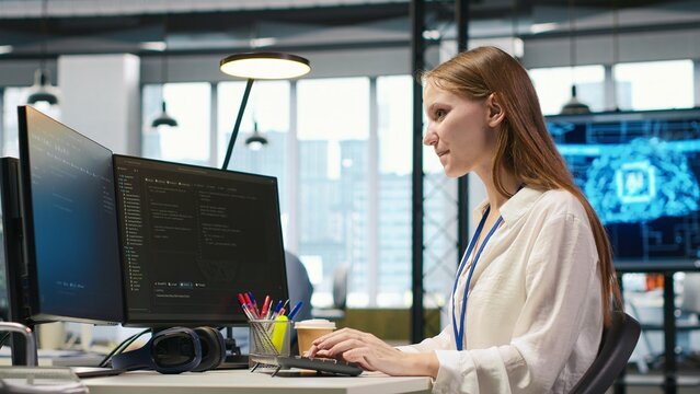 Happy female programmer dances on an office chair after streamlining workflows with AI, celebrating the successful implementation and testing of neural networks in a software project.
