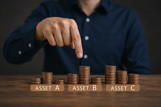 Diversify financial risk with funds. Hand chooses on stacking coins with words ASSET A, B, C on wooden blocks. Real estate investment. Investment asset allocation, diversification and risk management.
