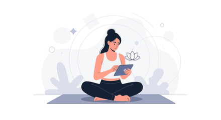 Obraz premium Woman meditating on yoga mat with tablet, learning online yoga or mindfulness. Peaceful digital wellness illustration.