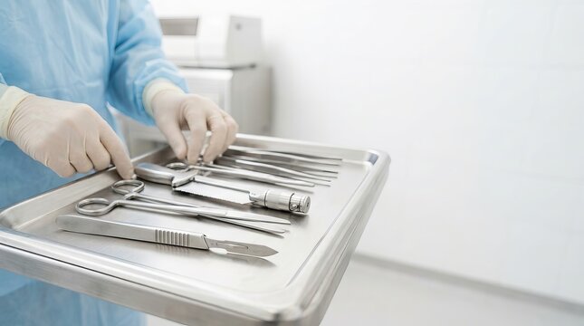 Close up of a medical professional holding a tray of surgical and autopsy instruments. Pathologist preparing sterile tools in a hospital or morgue. Forensic science concept