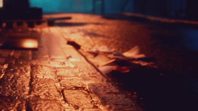 Water on cobblestones creates reflections in an urban area. The scene shows a street at night with blurred lights in the background and a sense of depth.