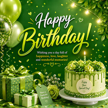 Elegant green happy birthday card design with cake and gift boxes birthday greeting