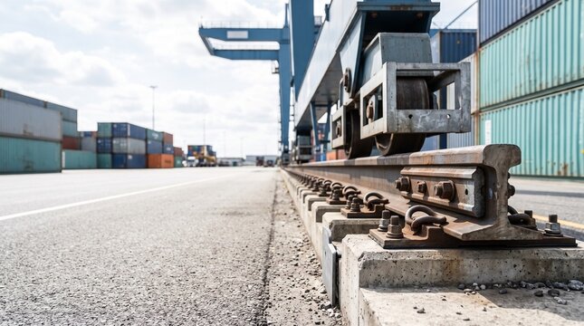 Industrial container yard with railway tracks and cargo containers  