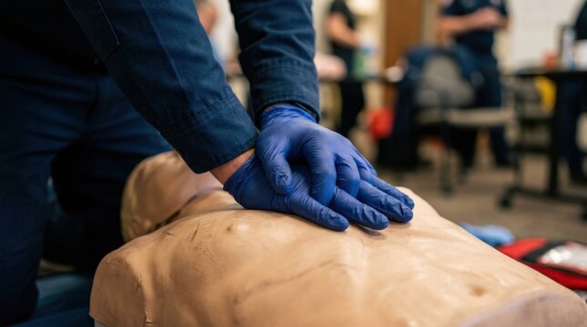 Close up of hands in blue gloves performing CPR on a training mannequin. First aid and emergency response training session