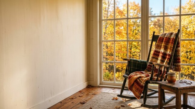 Cozy rocking chair with knitted blanket by a window with autumn view. Warm fall home interior. Copy space