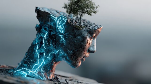 A stone sculpture depicting a human head, emerging from the earth. ..Created with Generative AI, not depicting real subjects.