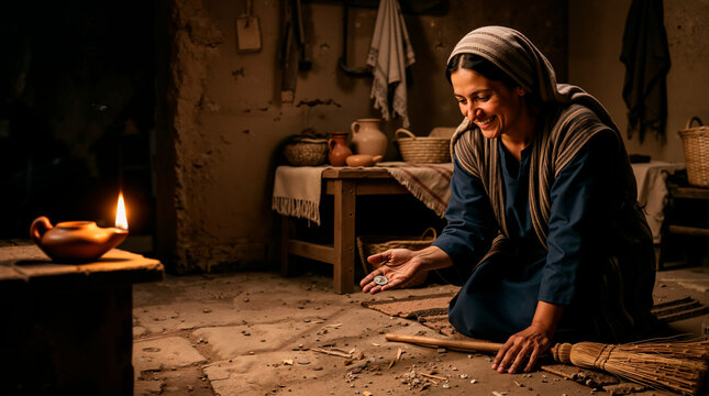 Biblical woman finding a lost coin in her home. Happy woman sweeping the floor with a broom by oil lamp light. Parable of the lost coin concept