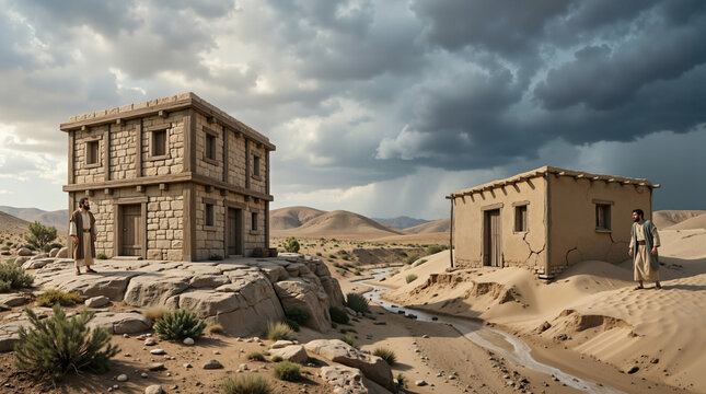 Biblical parable of the wise and foolish builders. Two houses built on rock and sand foundations under a stormy sky. Christian concept of faith and wisdom
