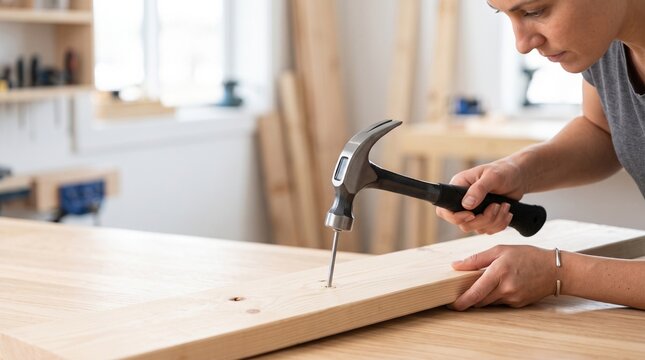 Woman using hammer to drive nail into wooden plank in workshop  