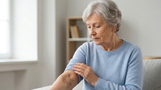 Elderly woman looking at a large bruise on her arm. Senior female patient with hematoma injury on forearm