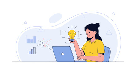 Obraz premium Woman with Lightbulb and Laptop, Symbolizing Innovation, Ideas, and Business Growth with Data Charts
