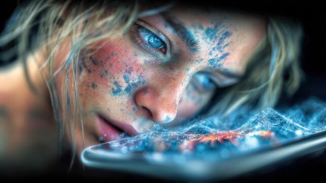A young woman with striking blue eyes gazes intently at a smartphone screen, her face smudged with digital debris. ..Created with Generative AI, not depicting real subjects.