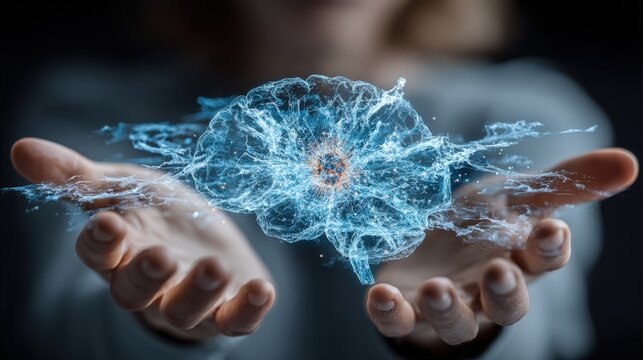 A glowing digital brain hologram suspended between cupped hands, emanating light and energy. ..Created with Generative AI, not depicting real subjects.