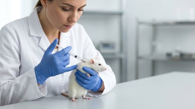 Female researcher injecting a white lab rat. Scientist conducting animal testing in laboratory. Medical research and science concept