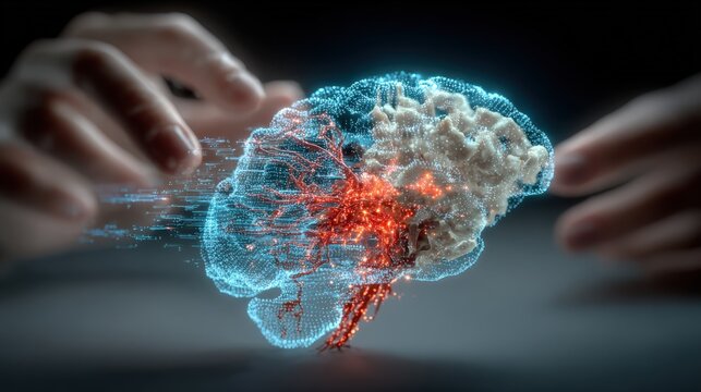 A glowing holographic brain with intricate neural pathways and a red area of focus is presented. ..Created with Generative AI, not depicting real subjects.