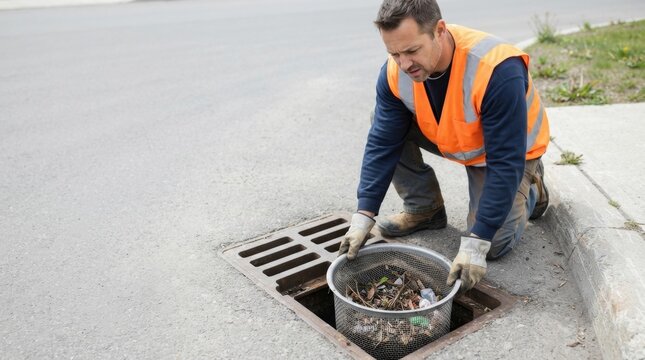 Municipal worker cleaning storm drain pollution filter on a city street. Environmental maintenance worker removing debris and litter from drainage system
