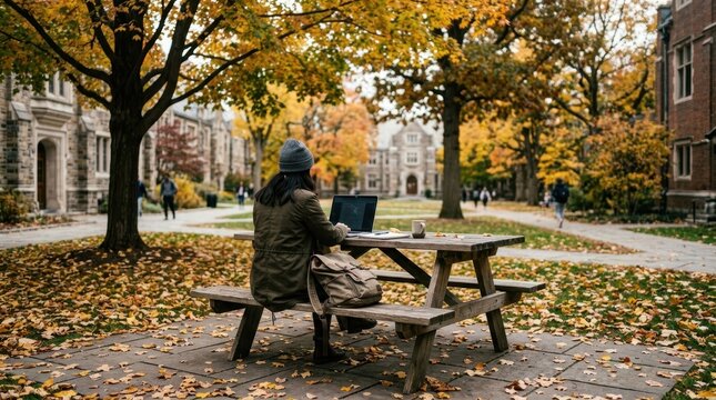 Student studying on a laptop at a picnic table on university campus in autumn. Remote learning and education concept with fall foliage