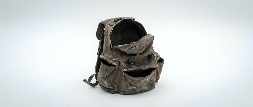 Worn military-style backpack with weathered canvas fabric and straps, suitable for survival gear, outdoor adventure, tactical equipment, and historical military content.