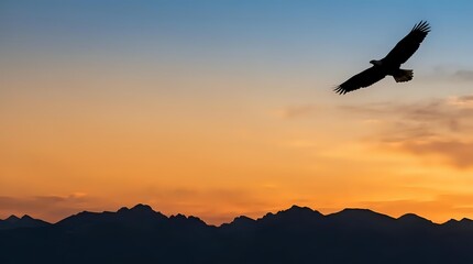 Naklejka premium Silhouette of a large bird of prey soaring against a dramatic golden and orange sunset sky with mountain ridges below, conveying freedom and nature.