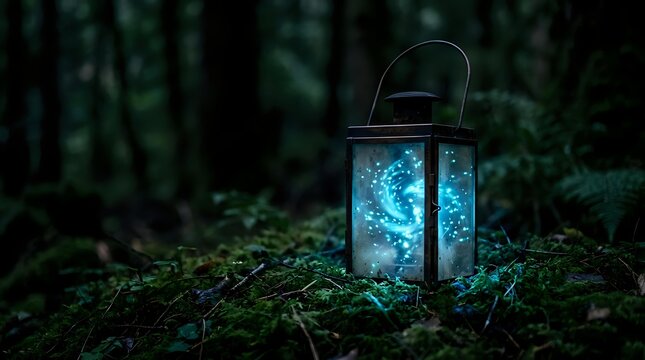 Glowing lantern with luminescent blue light sitting on moss-covered forest ground surrounded by dark trees, creating magical woodland atmosphere for fantasy and nature themes.