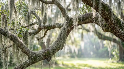 Fototapeta premium Ancient live oak branches draped with Spanish moss in a serene sunlit Southern garden landscape