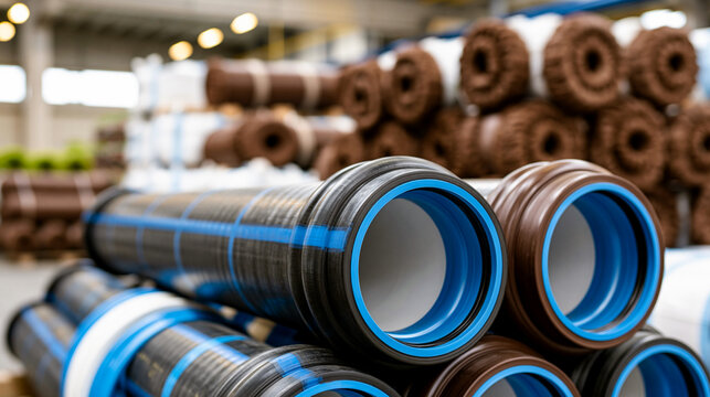 Large industrial plastic pipes stacked in a factory warehouse. Modern polypropylene and polyethylene tubes for water supply, plumbing, and sewage system infrastructure