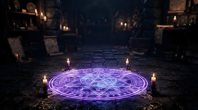 Glowing purple mystical circle with arcane symbols on dark cobblestone street surrounded by lit candles at night for fantasy, occult, or supernatural themed projects.
