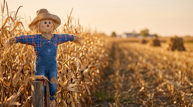 Friendly handmade scarecrow standing beside a golden cornfield at sunset during the autumn harvest season