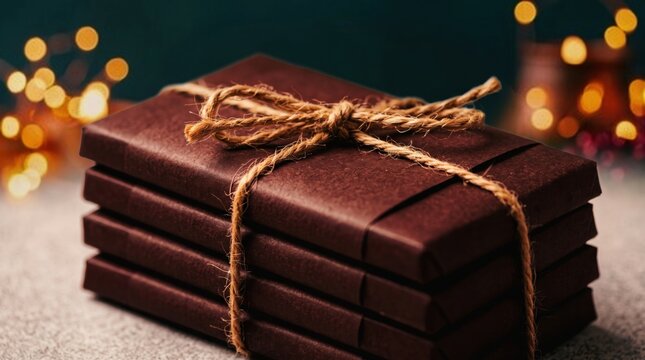 Stack of dark chocolate bars tied with rustic twine against warm festive bokeh for a handcrafted gourmet gift