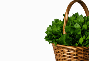 Naklejka premium Wicker basket filled with fresh green leaves on white background