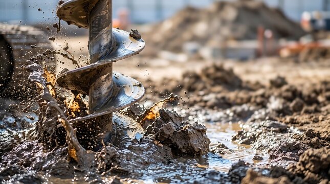 Powerful industrial earth auger drilling into wet ground with mud splashing at an active construction site