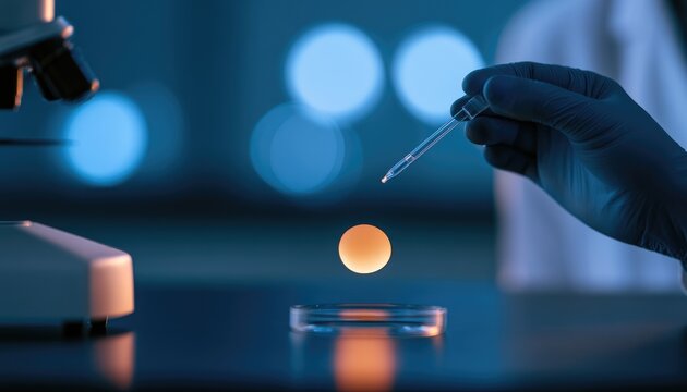 Scientist Performing Microscopic Procedure with Dropper and Cell Culture Dish.