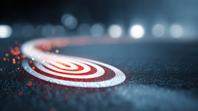 Abstract visualization of a target on an asphalt surface with glowing red rings, representing focus, goals, and achievement. ..Created with Generative AI, not depicting real subjects.