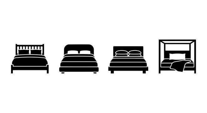 Four Bed Silhouettes, Bedroom Furniture Icons, Sleep and Rest Vector Graphics, Interior Design Elements