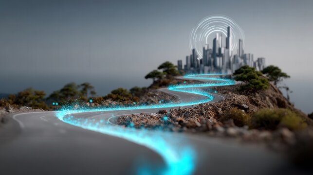 Futuristic city with glowing roads on a hill, symbolizing technology and progress. ..Created with Generative AI, not depicting real subjects.