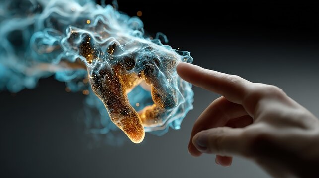 A human finger reaches out, about to touch a swirling digital cloud of glowing particles and ethereal energy. ..Created with Generative AI, not depicting real subjects.