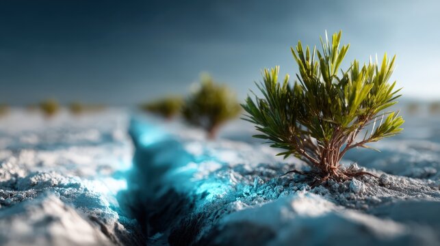 A solitary green plant pushes through a cracked, arid desert floor, illuminated by a mystical blue light. ..Created with Generative AI, not depicting real subjects.
