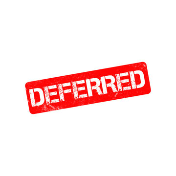 Deferred red rubber stamp icon, distressed grunge text effect on white background, postponed business status mark, delayed payment or project label