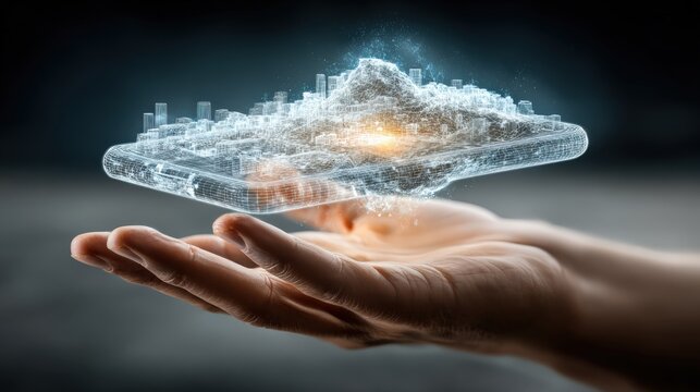 A holographic cityscape emerges from a person's cupped hands, representing the future of urban development and technological advancement. ..Created with Generative AI, not depicting real subjects.
