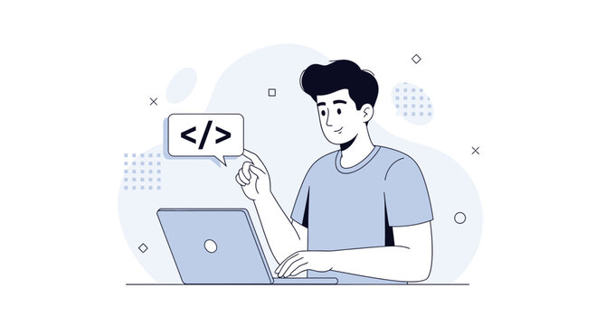 Young man typing on laptop with code symbol in speech bubble, representing programming, software development, and technology.