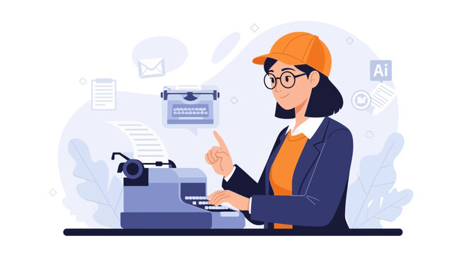 Young Woman Typing on Vintage Typewriter, Illustration of Creative Writing and Digital Age Concepts
