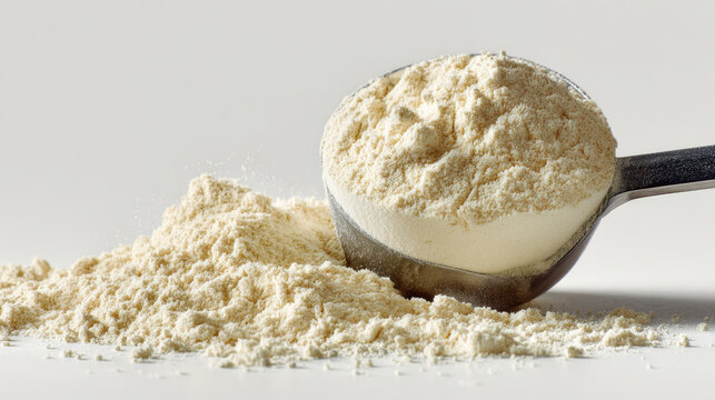 Scoop of fine flour with a pile on a table ready for baking and cooking in a bright kitchen setting