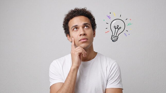 Young Man Contemplating New Ideas with an Illustrative Lightbulb Representing Innovative Thought and Problem Solving