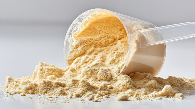 Yellow protein powder spilled from a measuring scoop on a clean white surface
