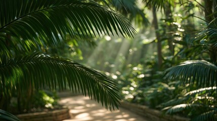 Fototapeta premium Sunlight filtering through lush green jungle foliage onto a path.