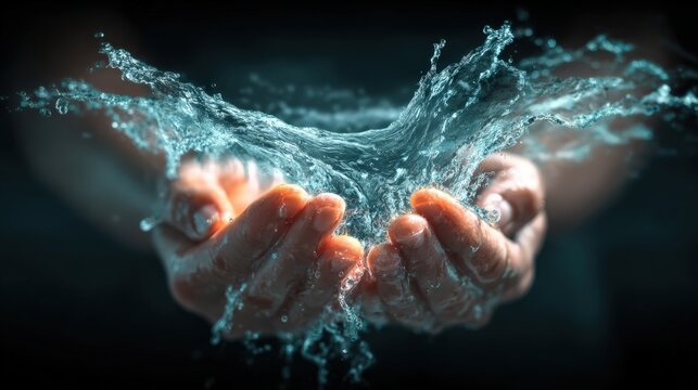 Two cupped hands gently scoop up a dynamic splash of crystal-clear water, creating a mesmerizing cascade of droplets against a dark. ..Created with Generative AI, not depicting real subjects.