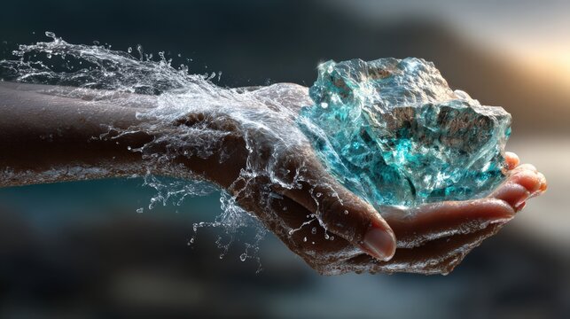 Crystal clear water cascades over cupped hands cradling a luminous, multifaceted geode, symbolizing purity, wealth. ..Created with Generative AI, not depicting real subjects.