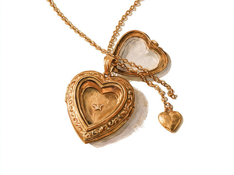A beautiful antique gold locket shaped like a heart. The locket is open, revealing an empty compartment inside, with a delicate chain and a small heart charm dangling beside it AI generative